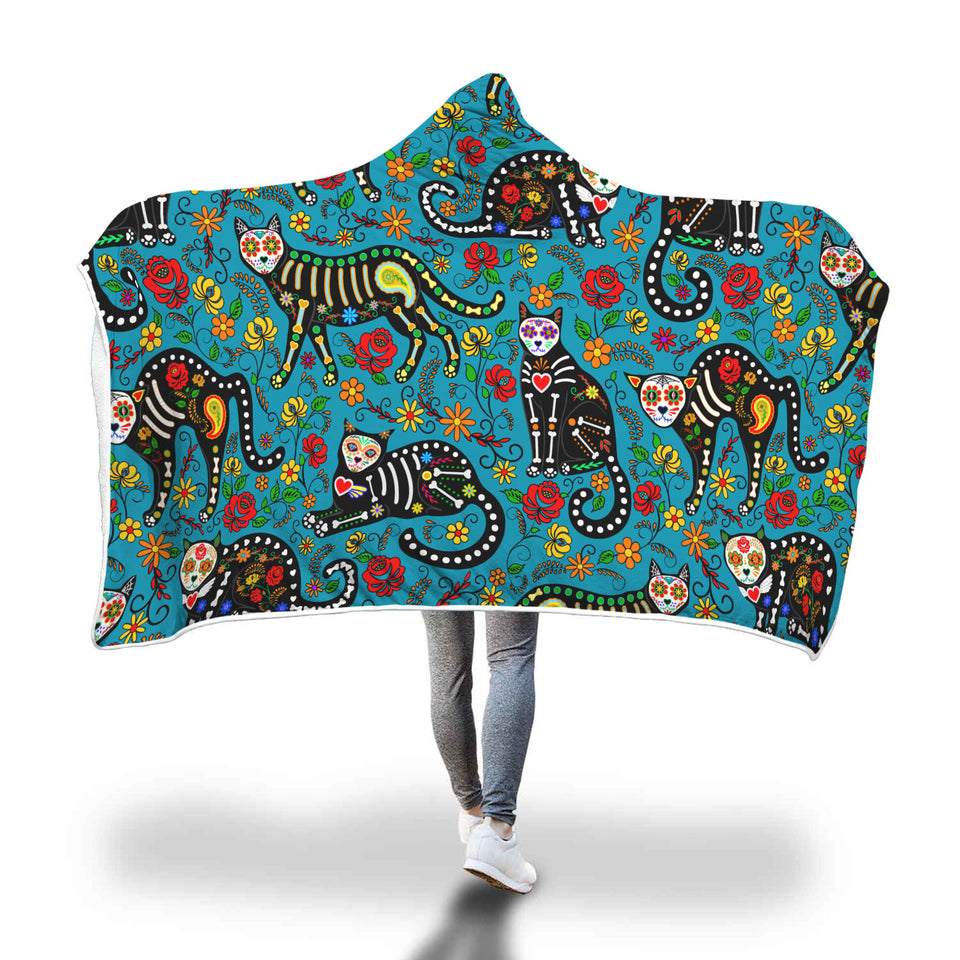 Calavera Cats Unique Hooded Blanket Blue