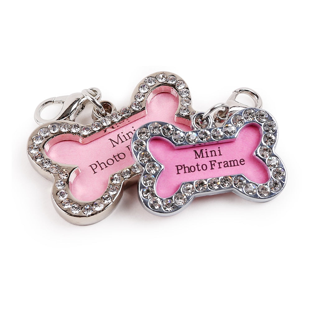 1PC Bone Shaped Diamond Personalized Engraved Pet Tag