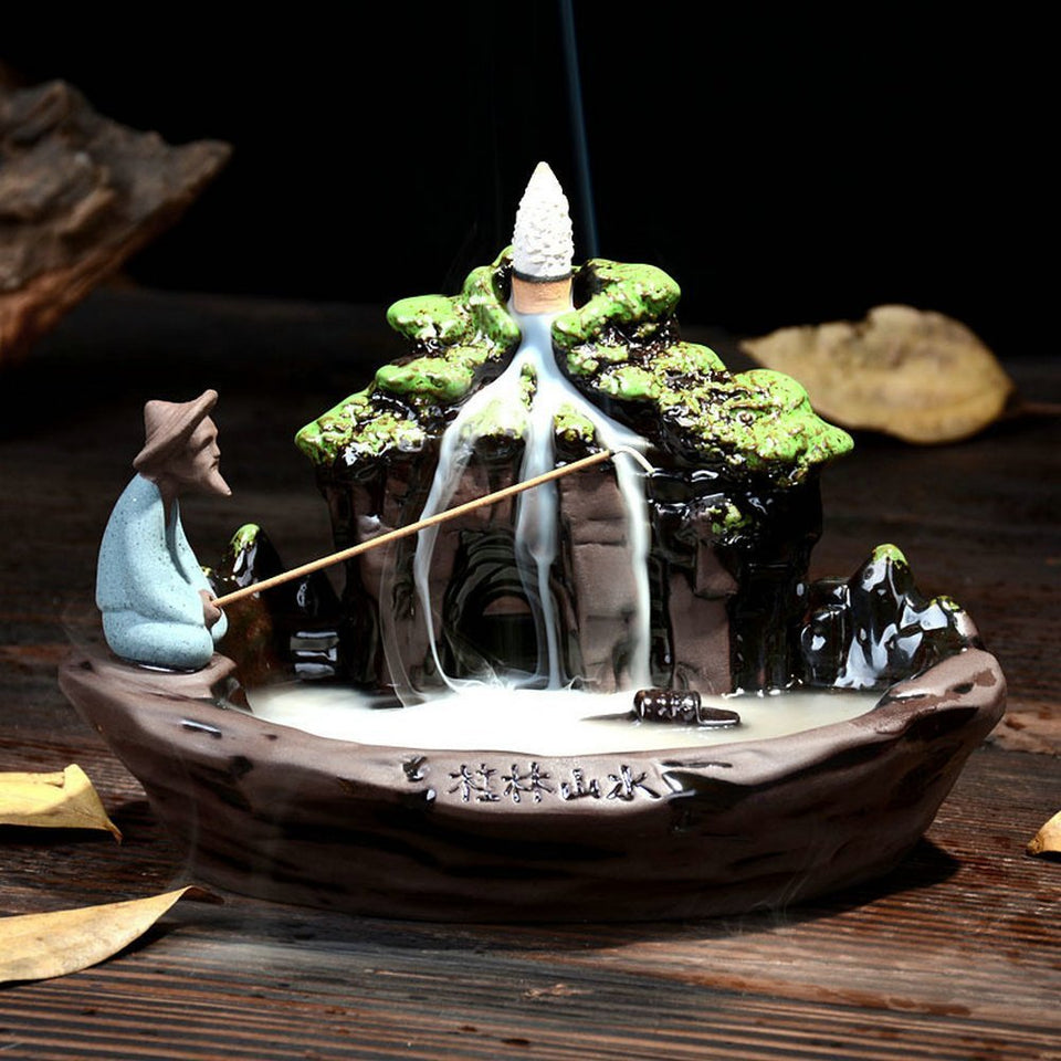 Backflow Ceramic Incense Burner Holder  Smoke Flow Waterfall Guilin Scenery + 10PCS Incense Cones