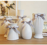 White Ceramic Flower Vase with Ribbon Design