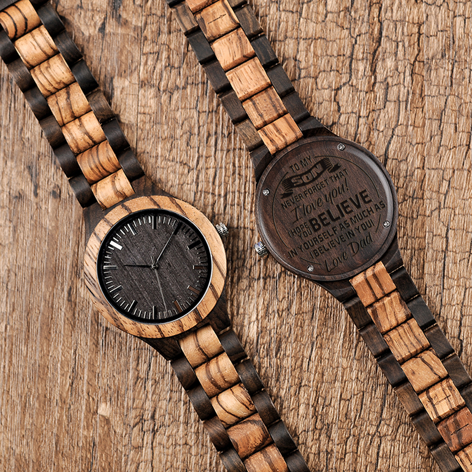 Believe in Yourself from Dad to Son Brown Wooden Watch