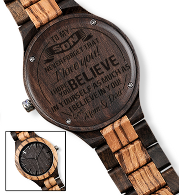 Believe in Yourself from Mom and Dad to Son Brown Wooden Watch
